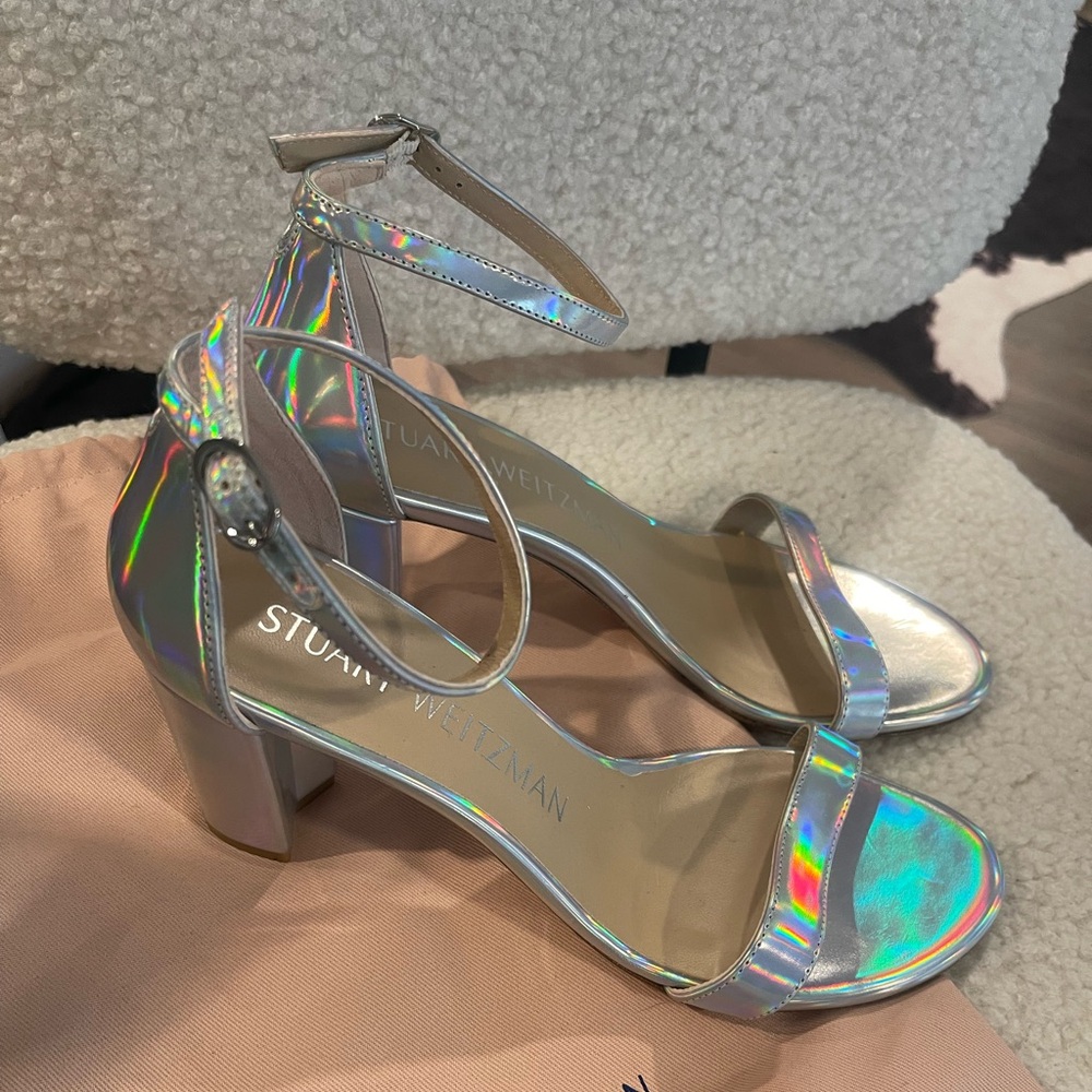 STUART WEITZMAN silver holographic NEARLYNUDE sandals